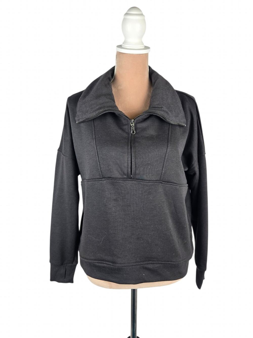 WILO Bella Half Zip Oversized Sweatshirt Collared Pockets Charcoal Gray XS